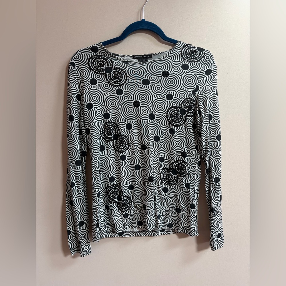 Pierre Cardin Vintage Long Sleeve Black White Geometric Sequins Shirt Blouse Top